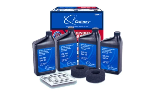 مجموعه‌ای از روغن کمپرسور Quincy Compressor با استاندارد ISO-150 SAE 40، به همراه فیلترها و برچسب‌های نگهداری.