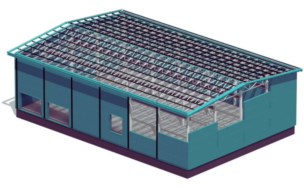 طراحی سه‌بعدی یک سازه صنعتی با استفاده از ساندویچ پانل برای سقف و دیوارها، بهینه برای کاهش مصرف انرژی.
