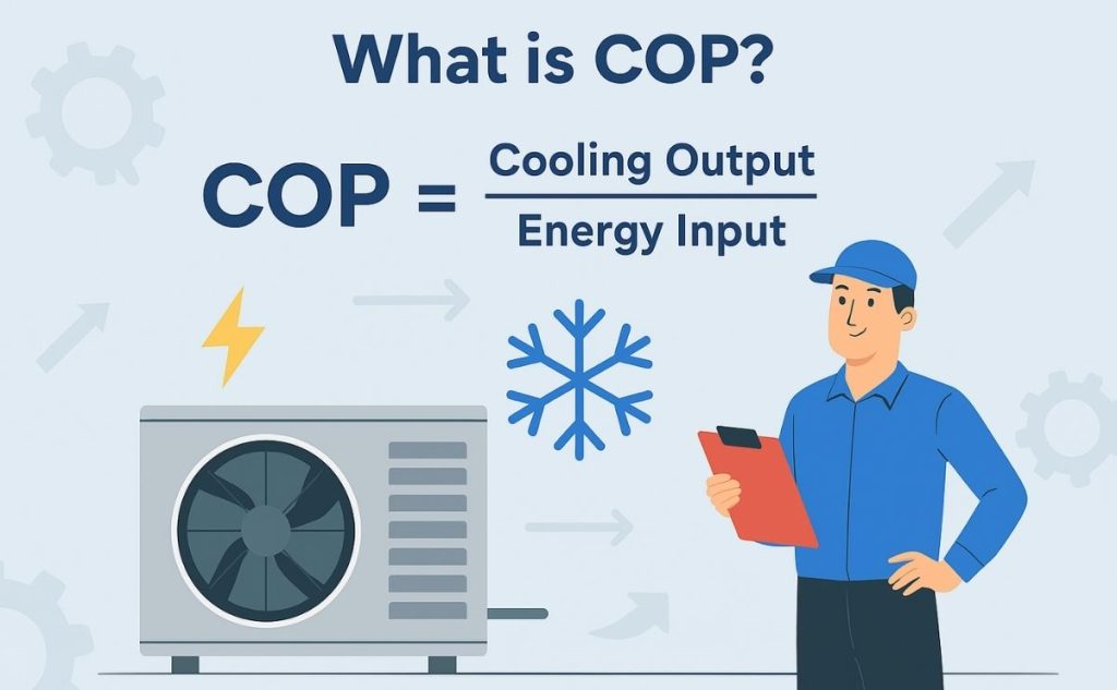 نمای گرافیکی از فرمول ضریب عملکرد (COP) و نحوه محاسبه آن در سیستم‌های تهویه مطبوع 